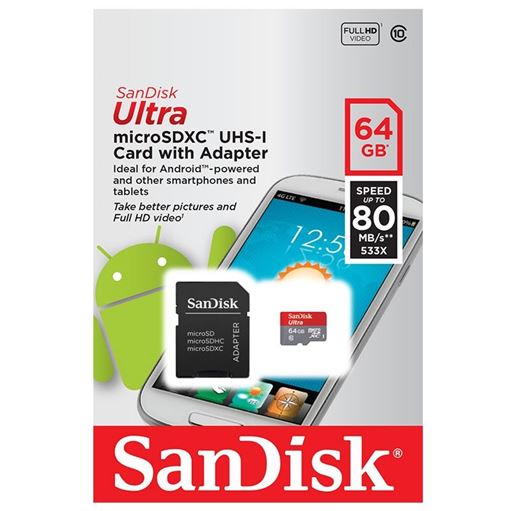 Picture of SANDISK ULTRA MIRCO SD CLASS 10 MEMORY CARD WITH ADAPTER CLASS 10 64GB (80MB)